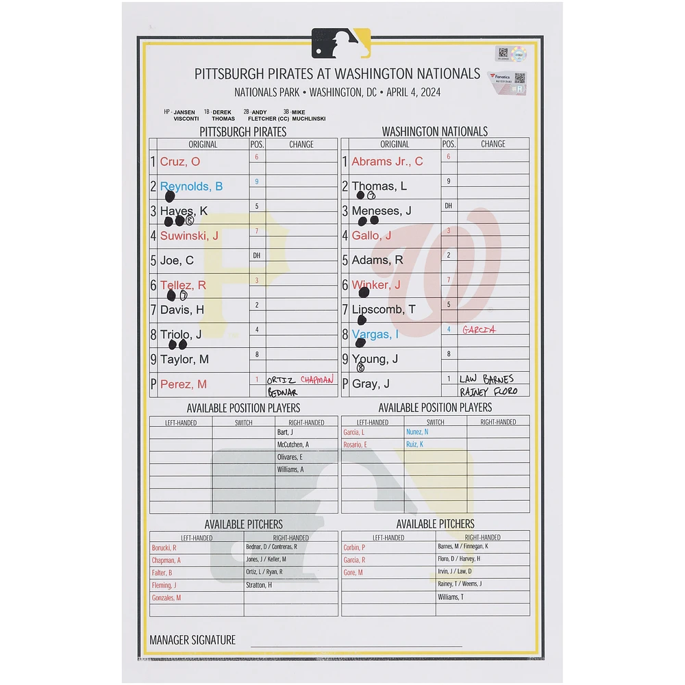 Pittsburgh Pirates Game-Used Lineup Card vs. Washington Nationals on April 4, 2024