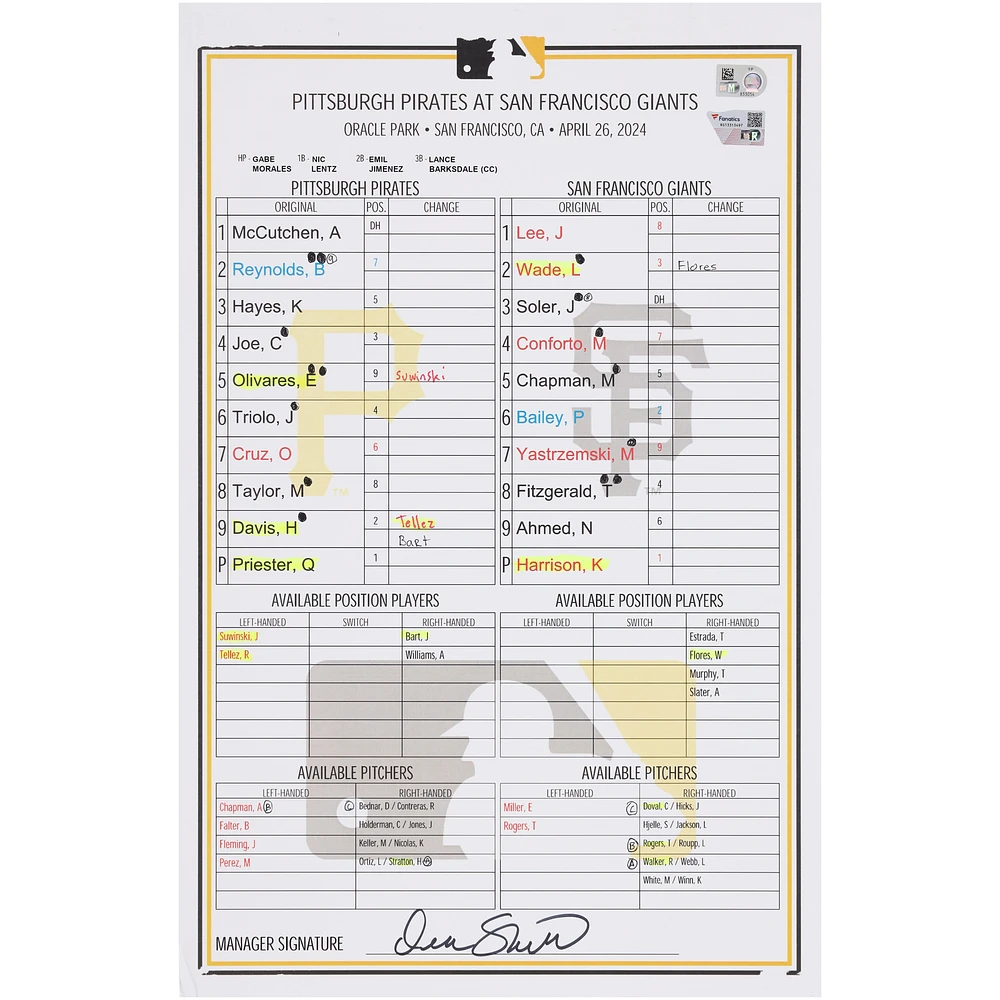 Pittsburgh Pirates Game-Used Lineup Card vs. San Francisco Giants on April 26, 2024