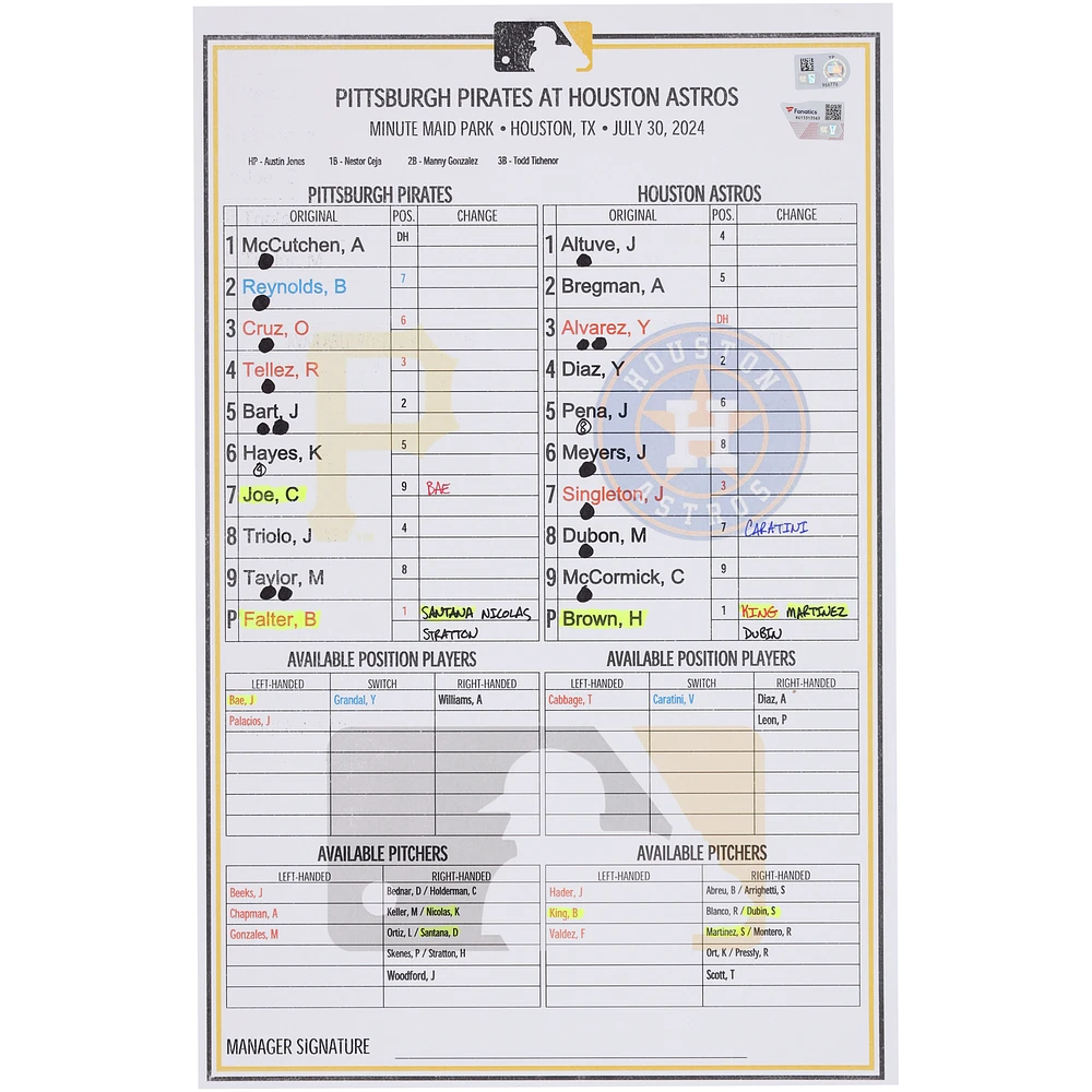 Pittsburgh Pirates Game-Used Lineup Card vs. Houston Astros on July 30, 2024