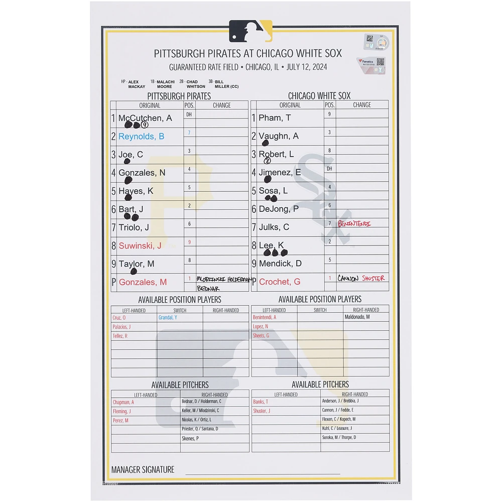 Pittsburgh Pirates Game-Used Lineup Card vs. Chicago White Sox on July 12, 2024