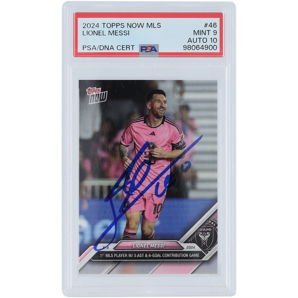 Lionel Messi Inter Miami CF Autographed 2024 Topps Now MLS 1st MLS Player w/ 5 AST & 6-Goal Contribution Game #46 PSA Authenticated 9/10 Card