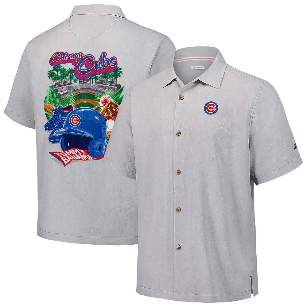 Men's Tommy Bahama Gray Chicago Cubs Hit and Run Silk Camp Button-Up Shirt