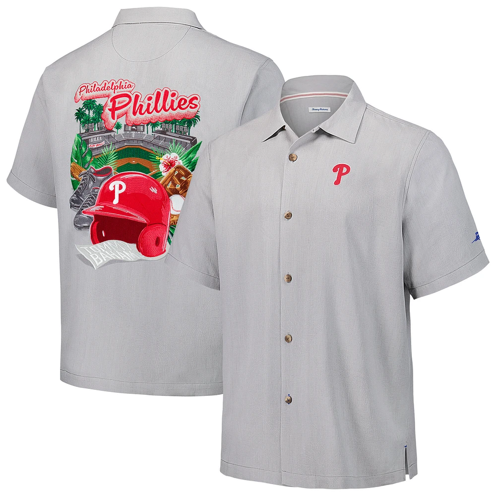 Men's Tommy Bahama Gray Philadelphia Phillies Hit and Run Silk Camp Button-Up Shirt