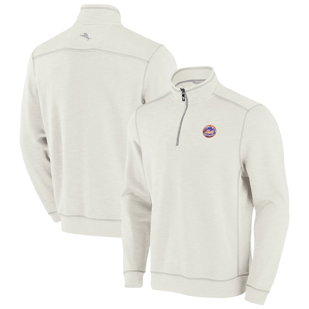 Men's Tommy Bahama Cream New York Mets Sport Tobago Bay Tri-Blend Half-Zip Sweatshirt