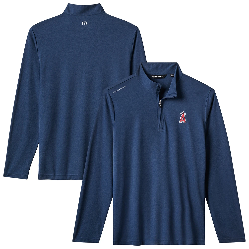 Men's TravisMathew Navy Los Angeles Angels Time to Tailgate Tri-Blend Quarter-Zip Pullover
