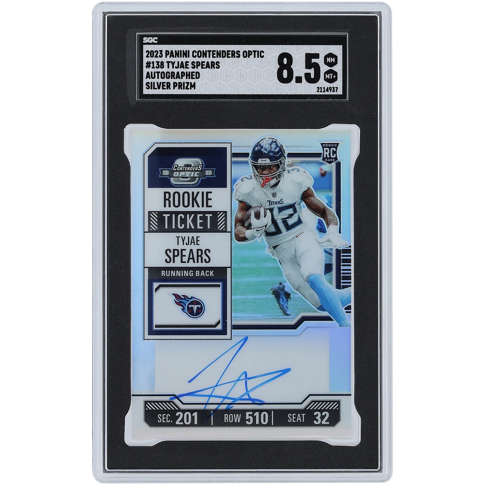 Tyjae Spears Tennessee Titans Autographed 2023 Panini Contenders Optic Silver Prizm #138 SGC Authenticated 8.5 Rookie Card