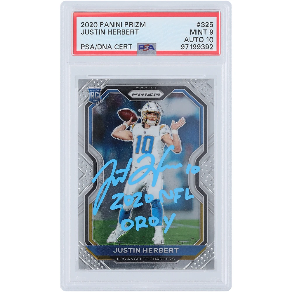 Justin Herbert Los Angeles Chargers Autographed 2020 Panini Prizm Light Blue Ink #325 PSA Authenticated 9/10 Rookie Card with "2020 NFL OROY" Inscription
