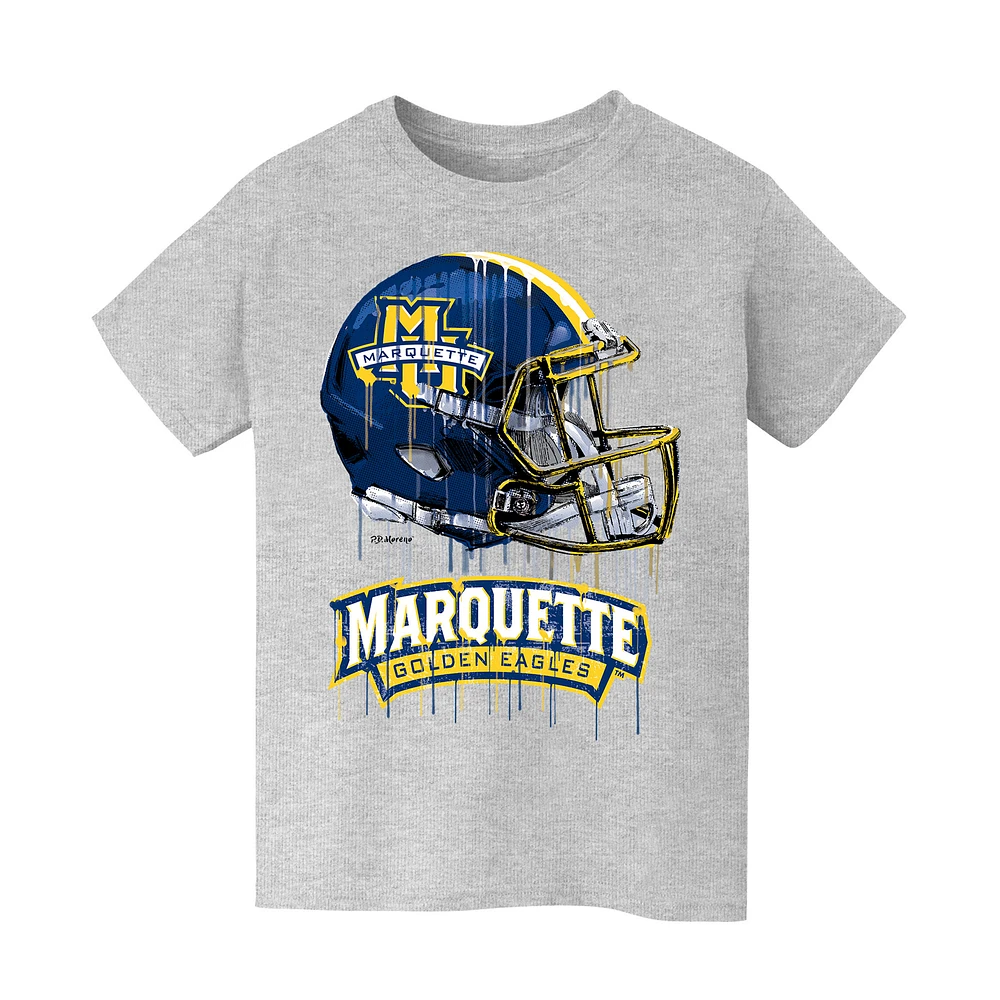 Youth Vive La Fete Heather Gray Marquette Golden Eagles Dripping Football Helmet T-Shirt