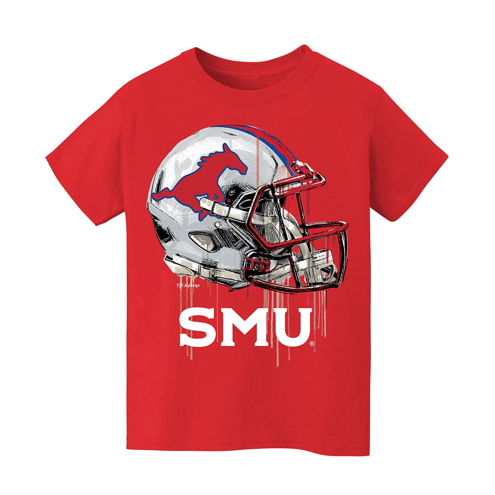 Youth Vive La Fete Red SMU Mustangs Dripping Football Helmet T-Shirt
