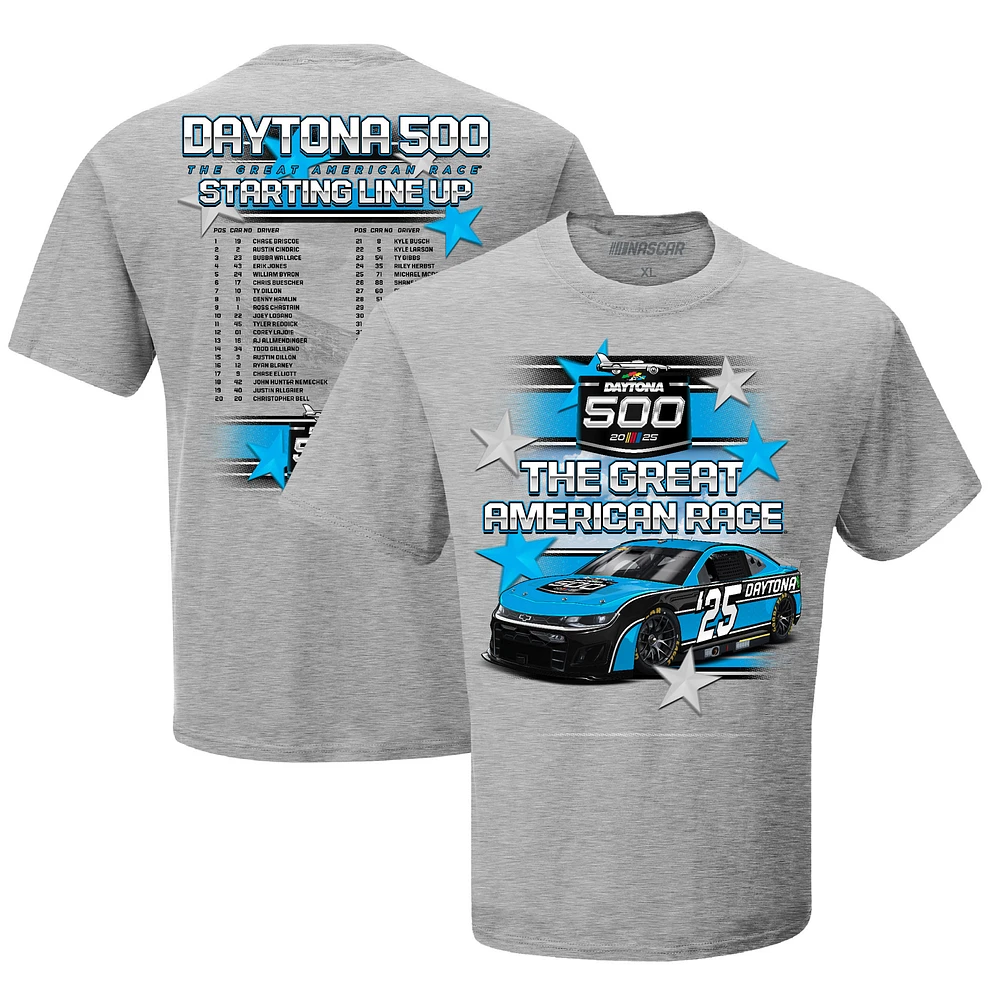 Men's Checkered Flag Sports Gray Daytona International Speedway 2025 Daytona 500 Starting Lineup T-Shirt