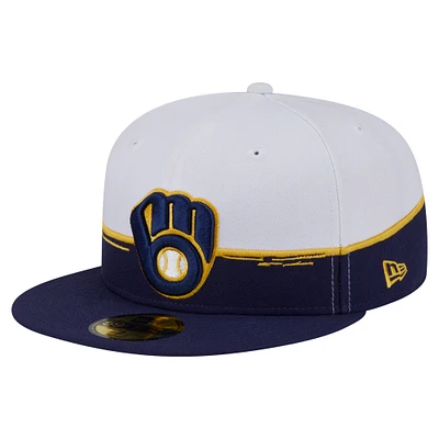 Men's New Era Navy/White Milwaukee Brewers Paint Stroke 59FIFTY Fitted Hat