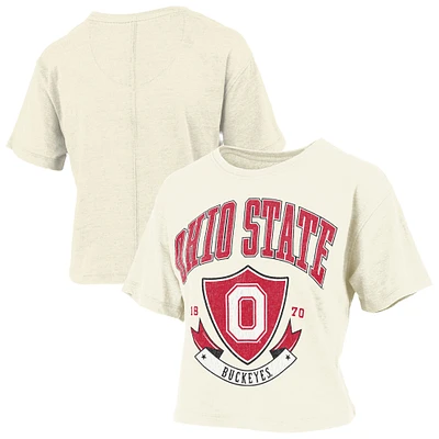 Women's Pressbox Cream Ohio State Buckeyes Buckler Vintage Cropped T-Shirt