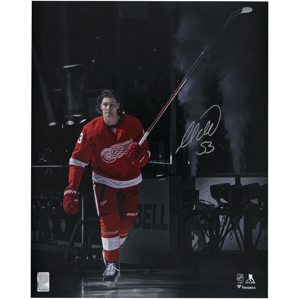 Moritz Seider Detroit Red Wings Autographed 16" x 20" Red Jersey Pregame Photograph