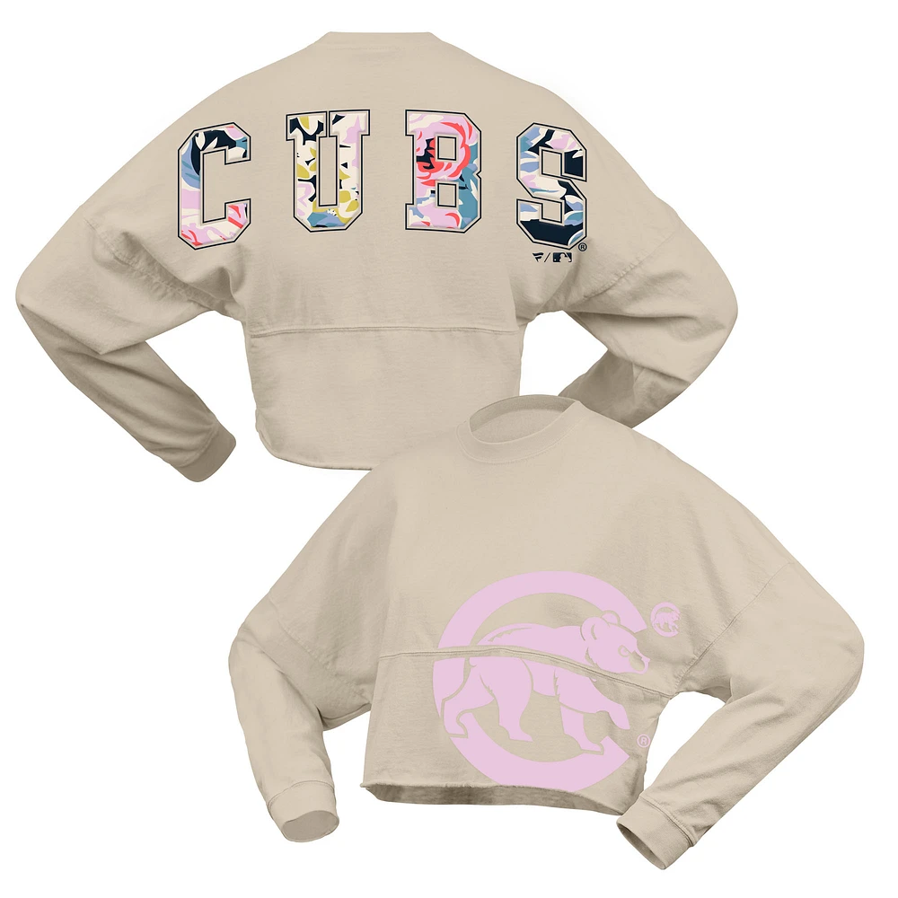 Women's Fanatics Cream Chicago Cubs Floral Preppy Cropped Long Sleeve T-Shirt