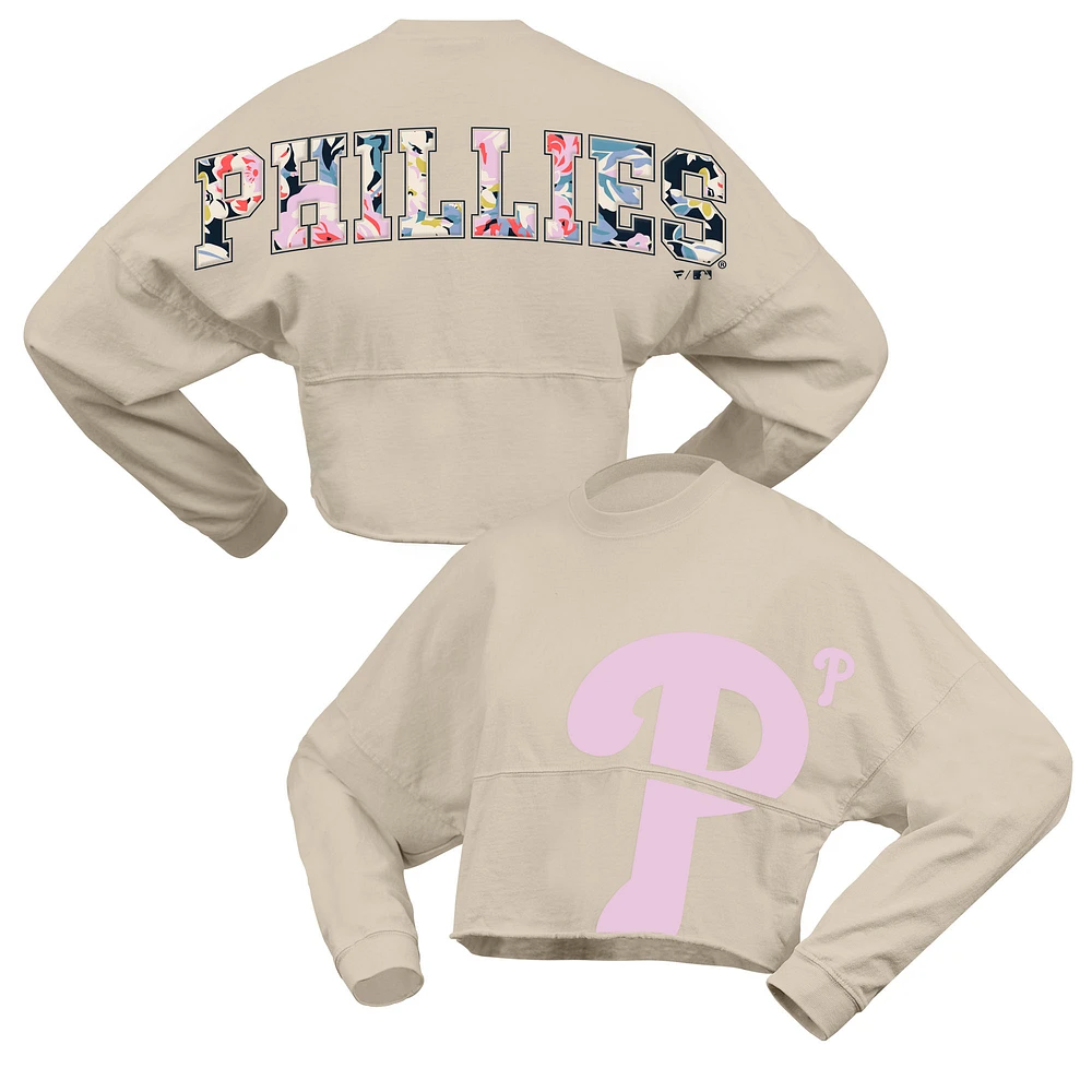 Women's Fanatics Cream Philadelphia Phillies Floral Preppy Cropped Long Sleeve T-Shirt