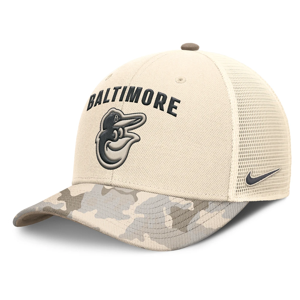 Men's Nike Natural Baltimore Orioles Camo Natural Pack Rise Adjustable Trucker Hat
