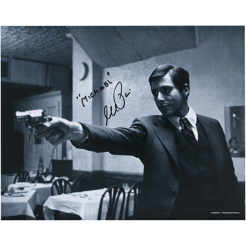 Al Pacino The Godfather Autographed 16" x 20" Black & White Holding Gun Photograph with "Michael" Inscription