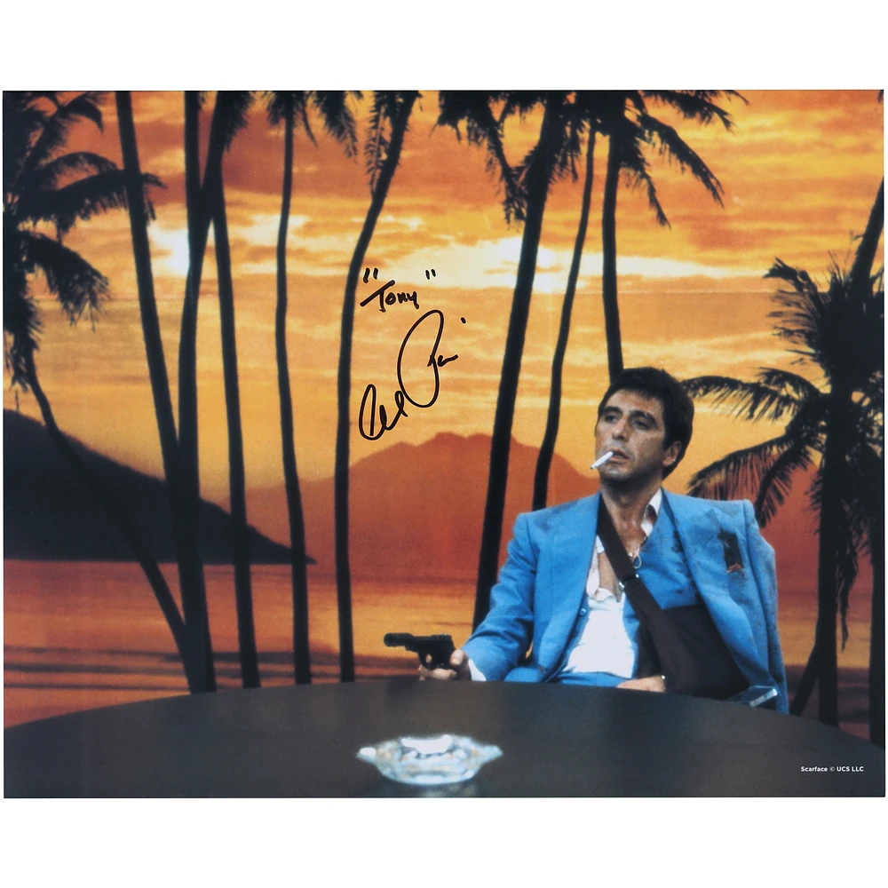 Al Pacino Scarface Autographed 16" x 20" Sitting At Desk In Blue Jacket Photograph with "Tony" Inscription