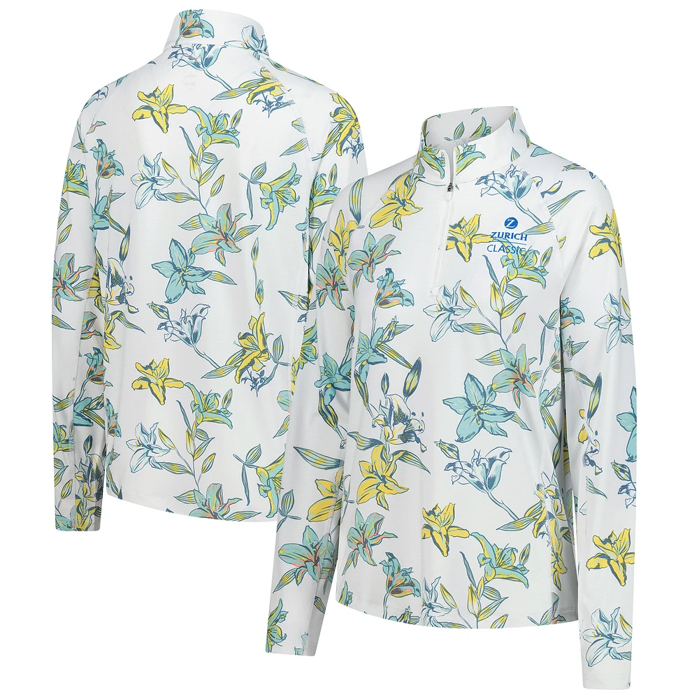 Women's Puma White The Zurich Classic You-V Lily Floral Raglan Quarter-Zip Pullover