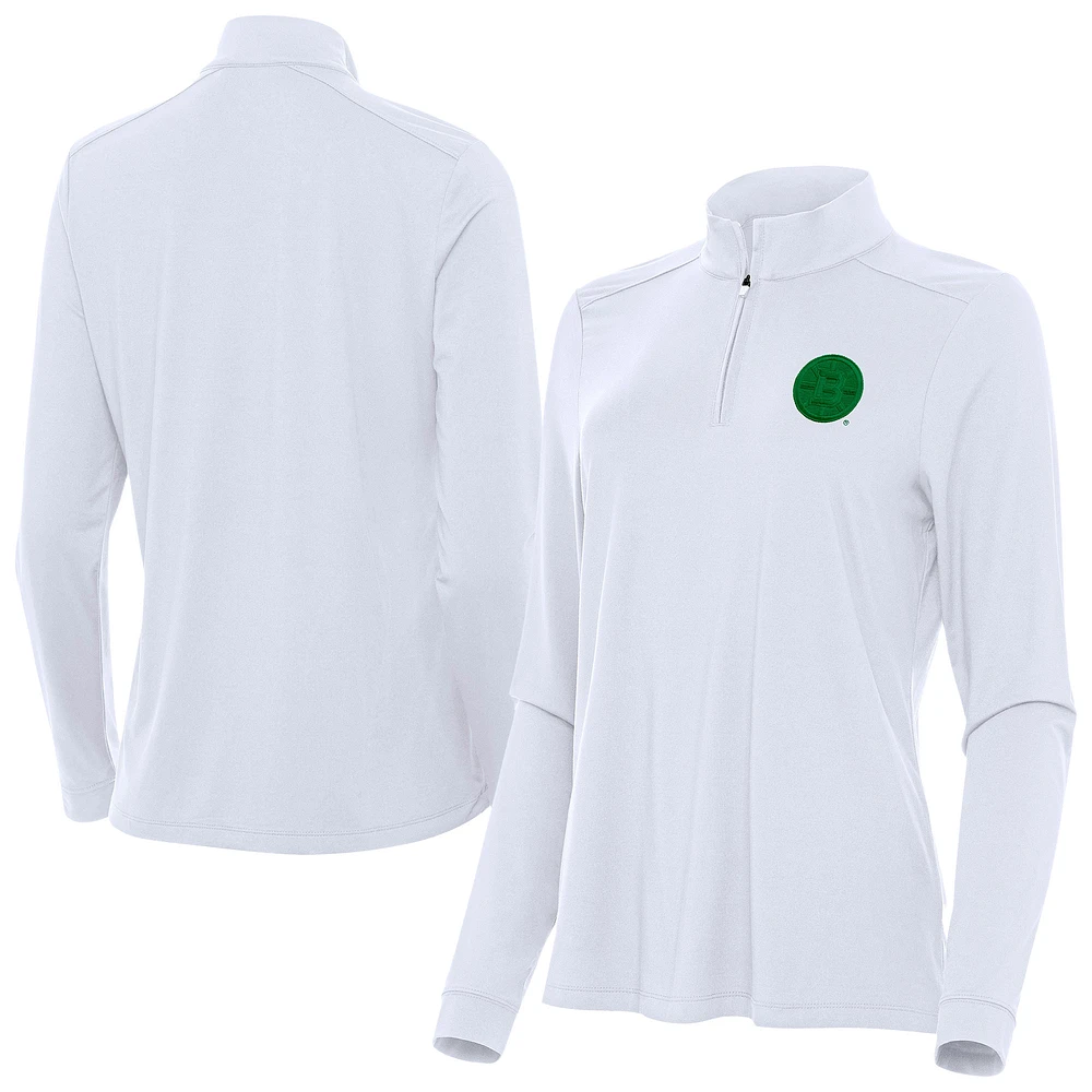 Women's Antigua White Boston Bruins St. Patrick Intent Quarter-Zip Performance Top