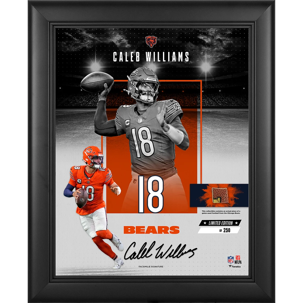 Caleb Williams Chicago Bears Facsimile Signature Framed 11" x 14" Impact Collage with a Piece of Game-Used Football - Limited Edition of 250 - Version 2