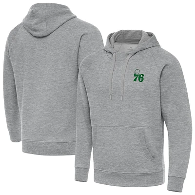 Men's Antigua Heather Gray Philadelphia 76ers St. Patrick's Day Victory Raglan Pullover Hoodie