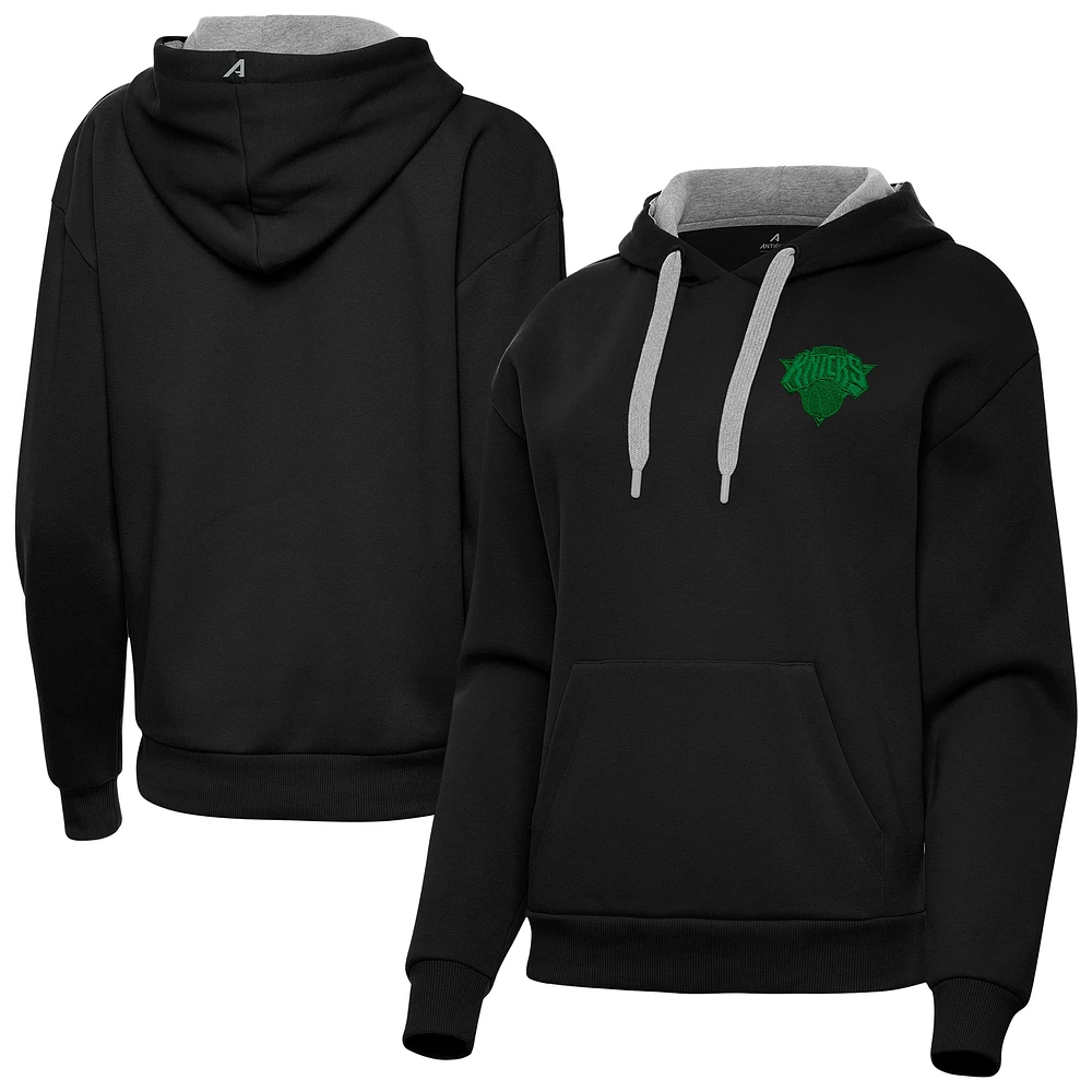 Women's Antigua Black New York Knicks St. Patrick's Day Victory Pullover Hoodie