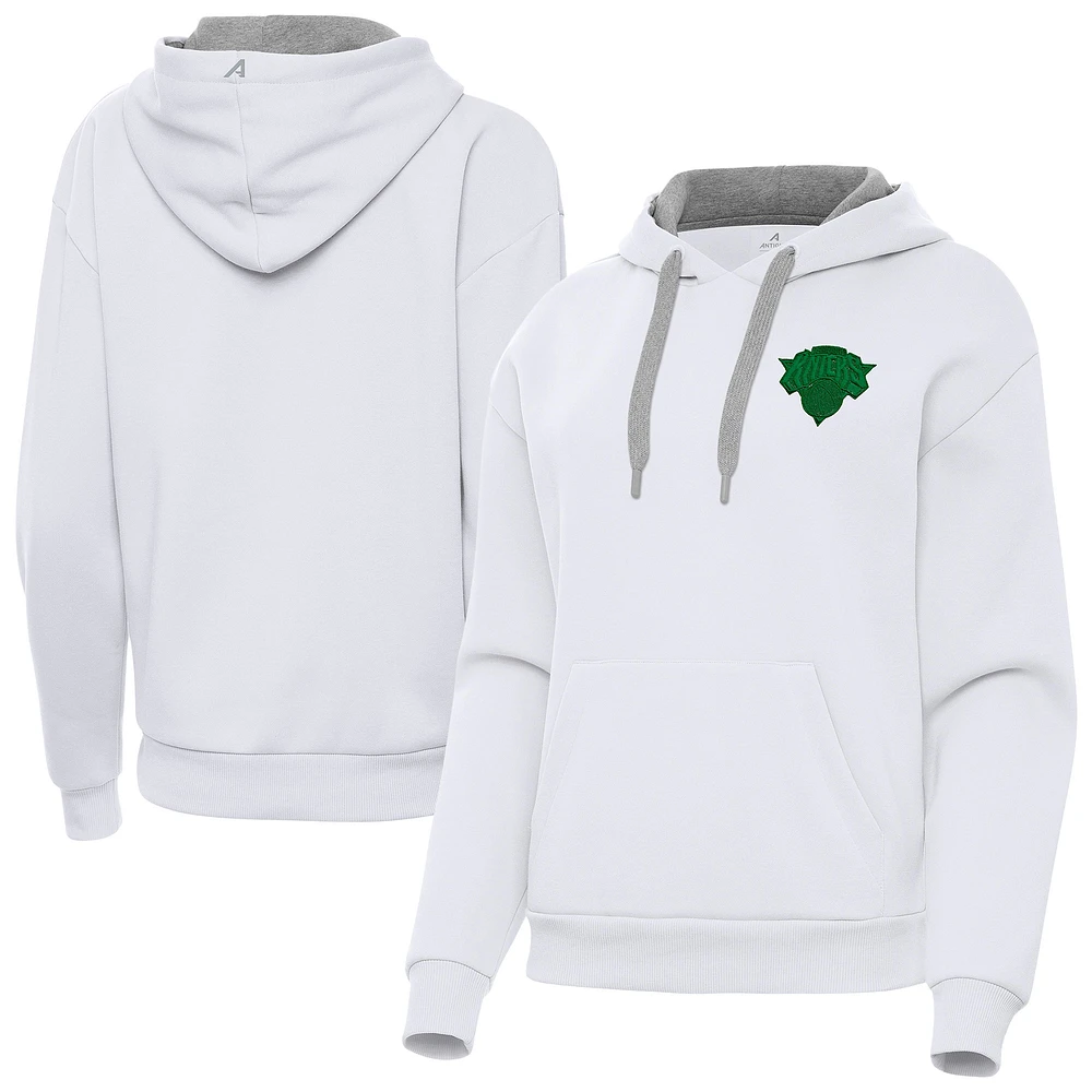 Women's Antigua White New York Knicks St. Patrick's Day Victory Pullover Hoodie