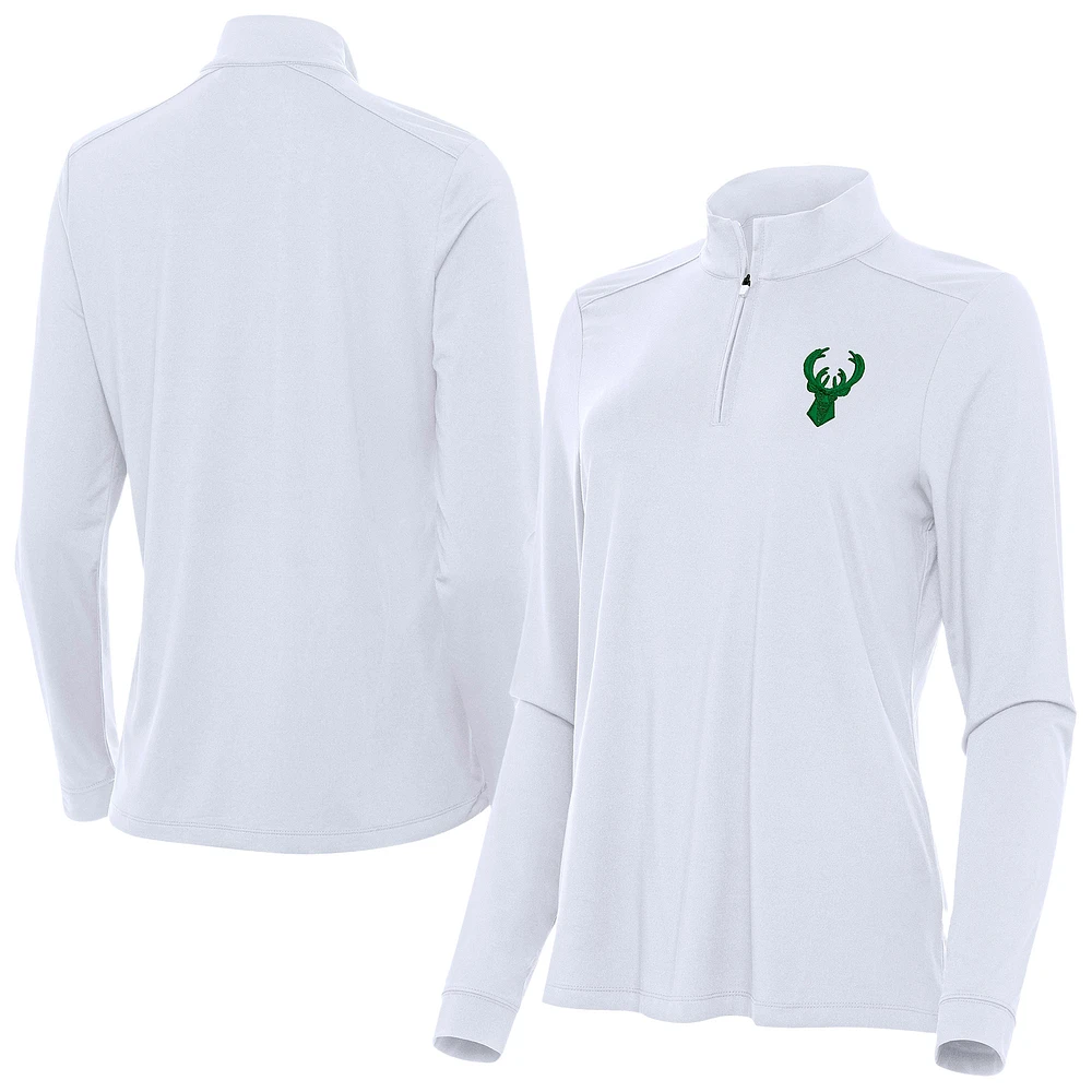 Women's Antigua White Milwaukee Bucks St. Patrick's Day Intent Quarter-Zip Top