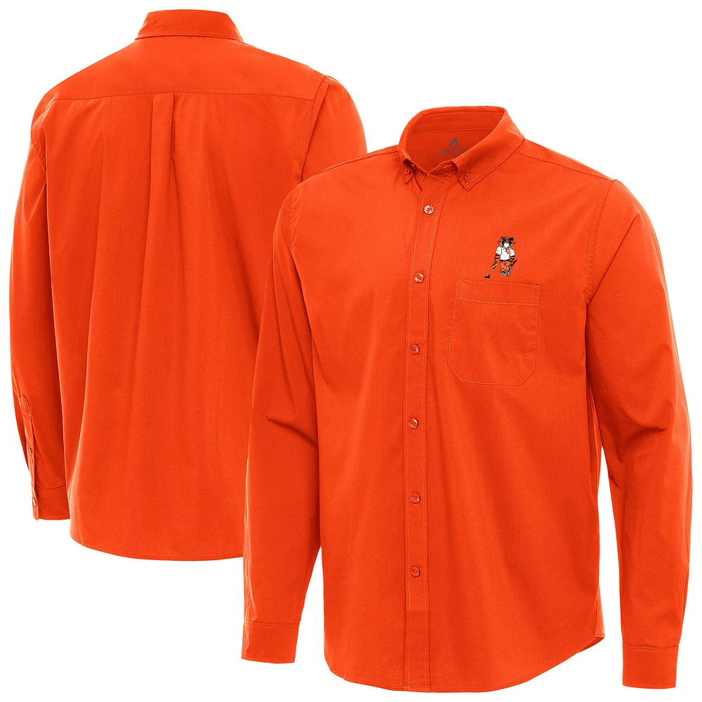 Men's Antigua Orange Clemson Tigers Golfer Flight Tri-Blend Woven Long Sleeve Button-Down Shirt