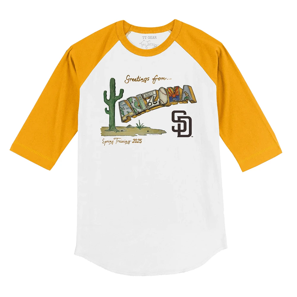 Toddler Tiny Turnip White/Gold San Diego Padres 2025 Spring Training Cactus League 3/4-Sleeve Raglan T-Shirt