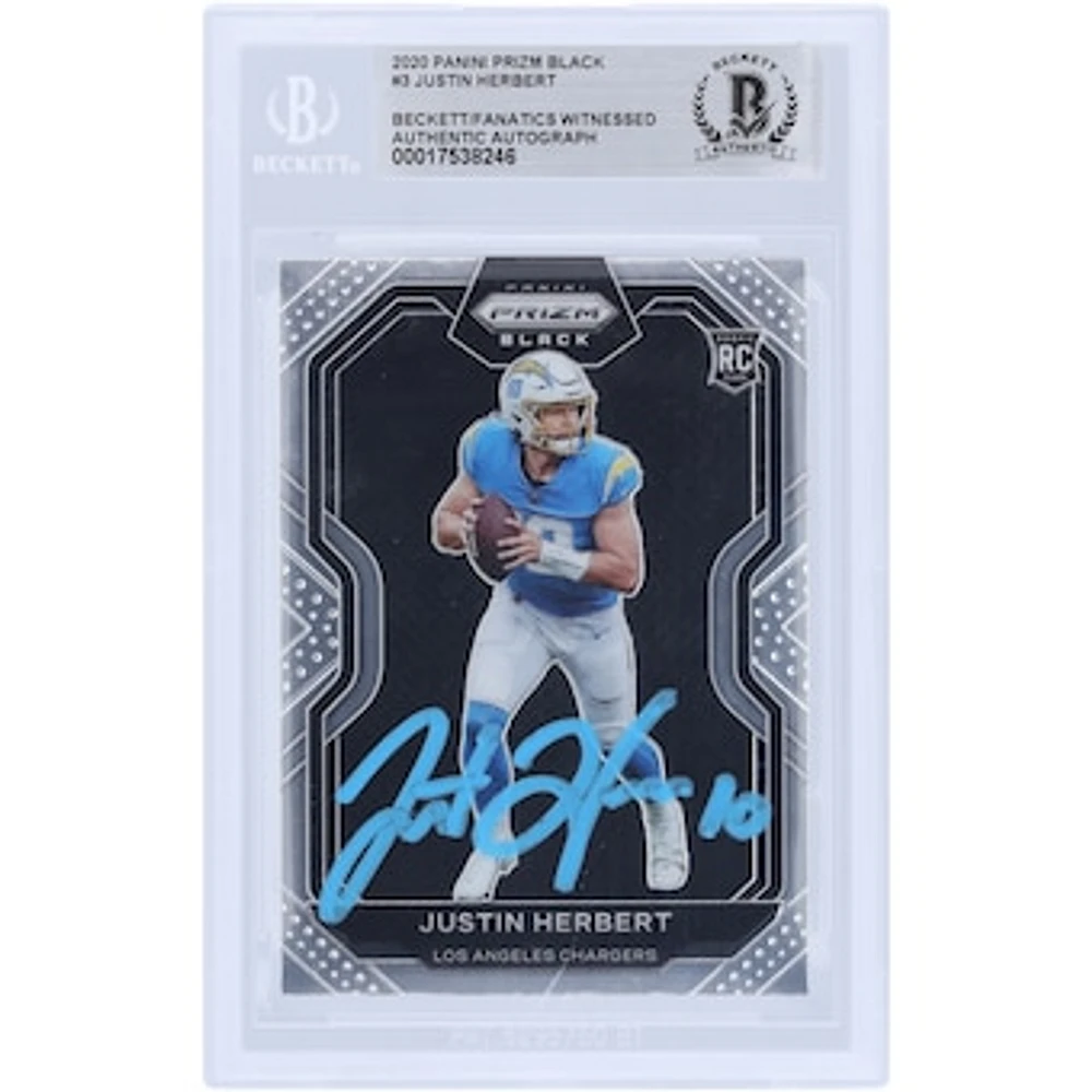 Justin Herbert Los Angeles Chargers Autographed 2020 Panini Chronicles Prizm Black Light Blue Ink #PB-3 Beckett Fanatics Witnessed Authenticated Rookie Card