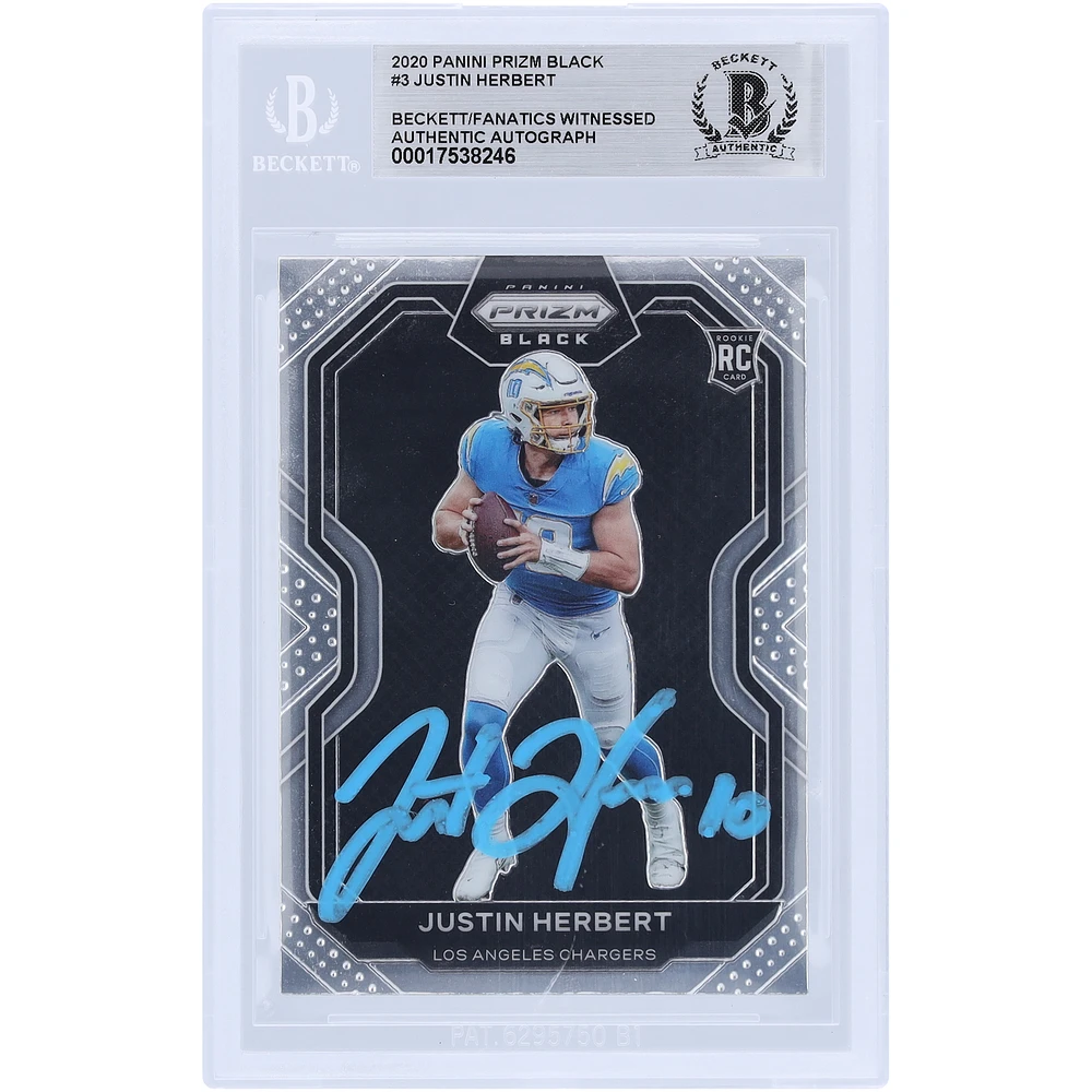 Justin Herbert Los Angeles Chargers Autographed 2020 Panini Chronicles Prizm Black Light Blue Ink #PB-3 Beckett Fanatics Witnessed Authenticated Rookie Card