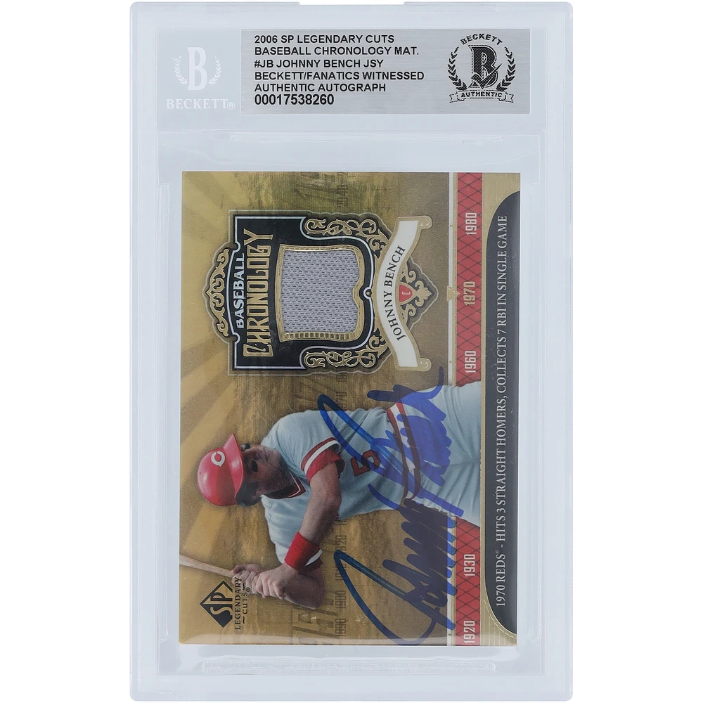 Johnny Bench Cincinnati Reds Autographed 2006 Upper Deck SP Legendary Cuts Baseball Chronology Material Jersey Relic #BC-JB Beckett Fanatics Witnessed Authenticated Card