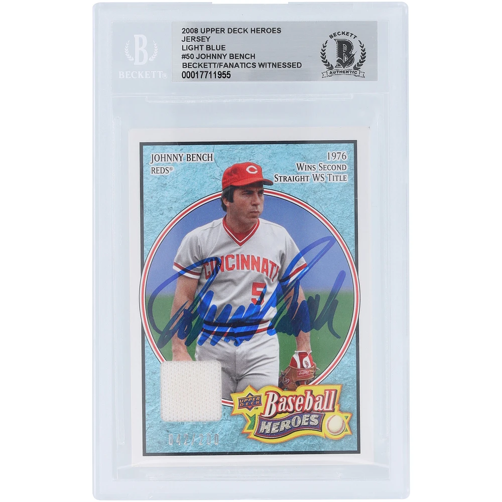 Johnny Bench Cincinnati Reds Autographed 2008 Upper Deck Baseball Heroes Light Blue Jersey Relic #50 #/200 Beckett Fanatics Witnessed Authenticated Card