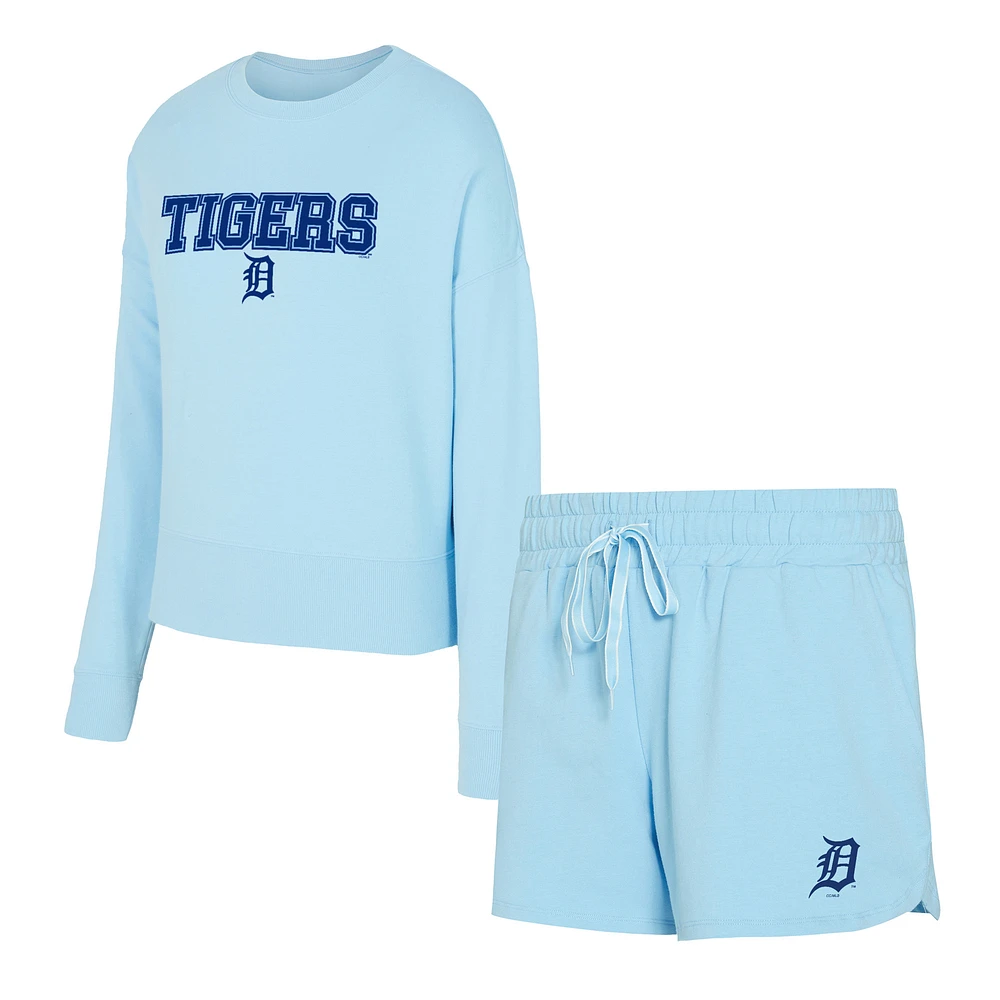 Women's Concepts Sport Light Blue Detroit Tigers Elevation Tri-Blend Long Sleeve Top & Shorts Set