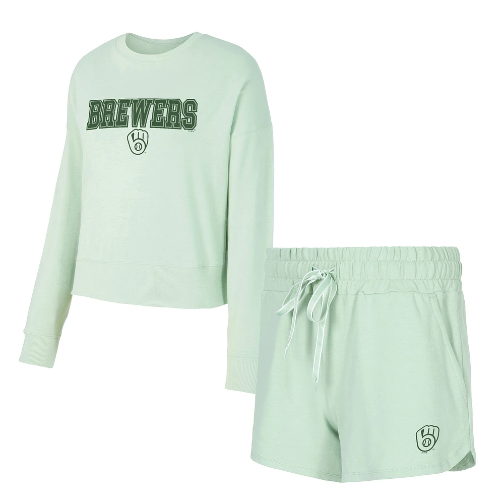 Women's Concepts Sport Light Green Milwaukee Brewers Elevation Tri-Blend Long Sleeve Top & Shorts Set