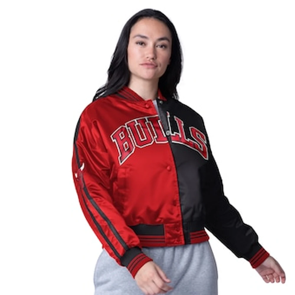 Women's Starter Black/Red Chicago Bulls Zone Blitz Cropped Full-Snap Satin Jacket