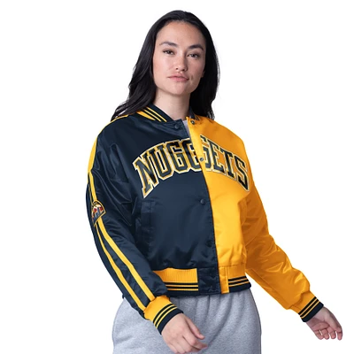 Women's Starter Gold/Navy Denver Nuggets Zone Blitz Cropped Full-Snap Satin Jacket