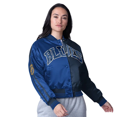 Women's Starter Black St. Louis Blues Zone Blitz Cropped Full-Snap Satin Jacket