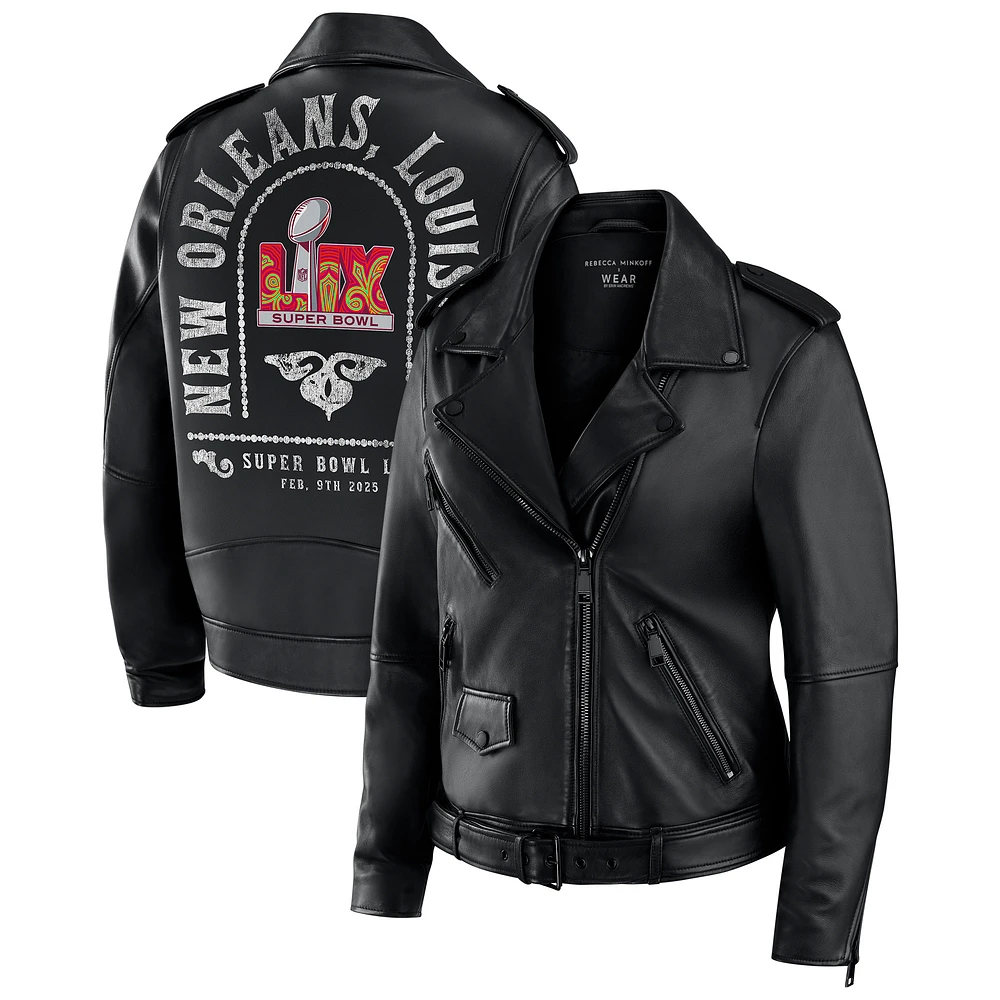 Women's Rebecca Minkoff x WEAR by Erin Andrews Black Super Bowl LIX Fanatics Exclusive Tabitha Oversized Leather Asymmetrical Moto Full-Zip Jacket