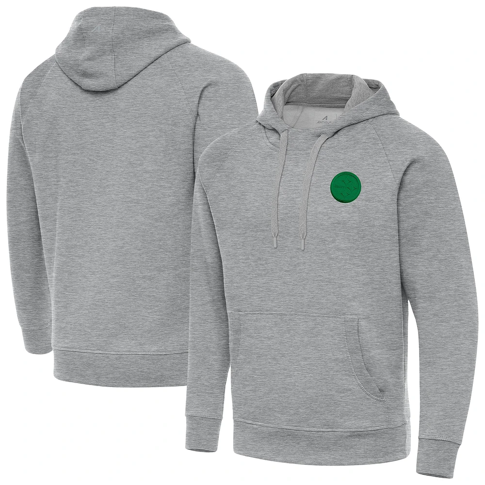 Men's Antigua Heather Gray Pittsburgh Steelers St. Patrick's Day Victory Pullover Hoodie