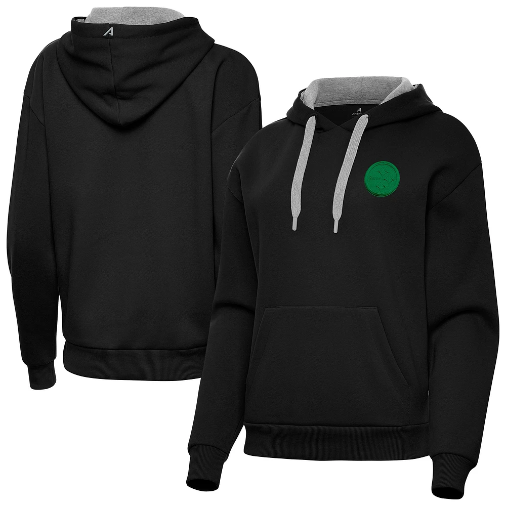 Women's Antigua Black Pittsburgh Steelers St. Patrick's Day Victory Pullover Hoodie