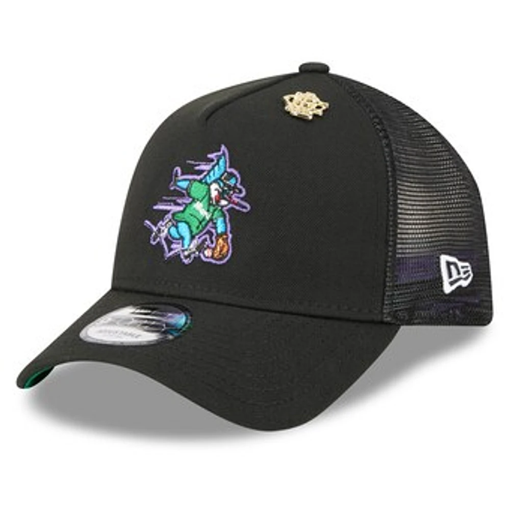 Men's New Era Black Miami Marlins 2025 Big League Chew A-Frame 9FORTY Adjustable Trucker Hat