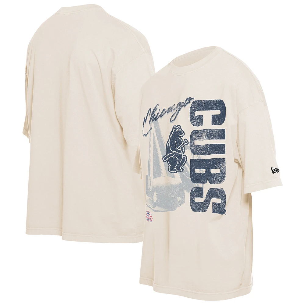 Men's New Era Cream Chicago Cubs Cooperstown Collection Oversized Throwback Distressed T-Shirt