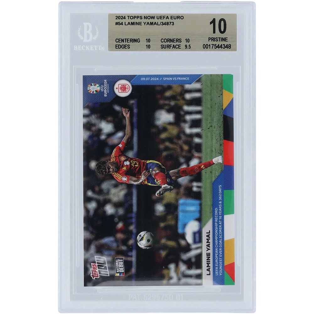 Lamine Yamal Spain National Team 2024 Topps Now UEFA Euro UEFA European Championship Record: Youngest Ever Goal Scorer At 16 Years & 362 Days #54 BGS Authenticated 10 Rookie Card - 10,10,10,9.5 Subgrades