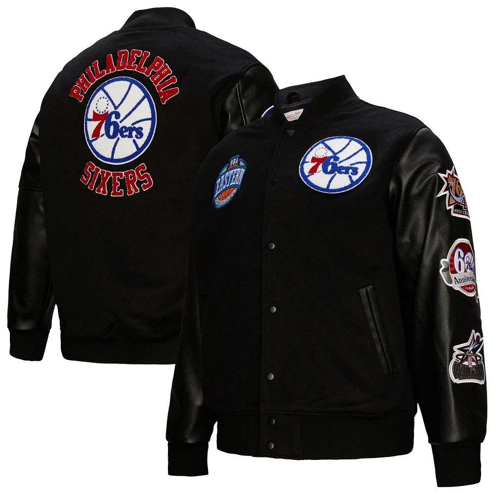 Men's Mitchell & Ness Black Philadelphia 76ers Hardwood Classics Blackout Collection Full-Snap Varsity Jacket