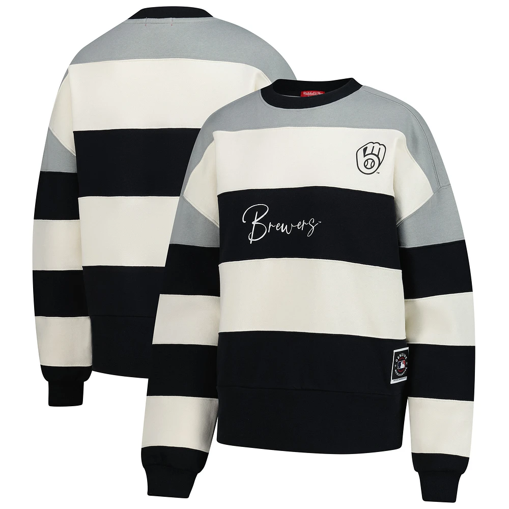 Women's Mitchell & Ness Gray/Black Milwaukee Brewers Cooperstown Collection Blocked Fleece Pullover Sweatshirt