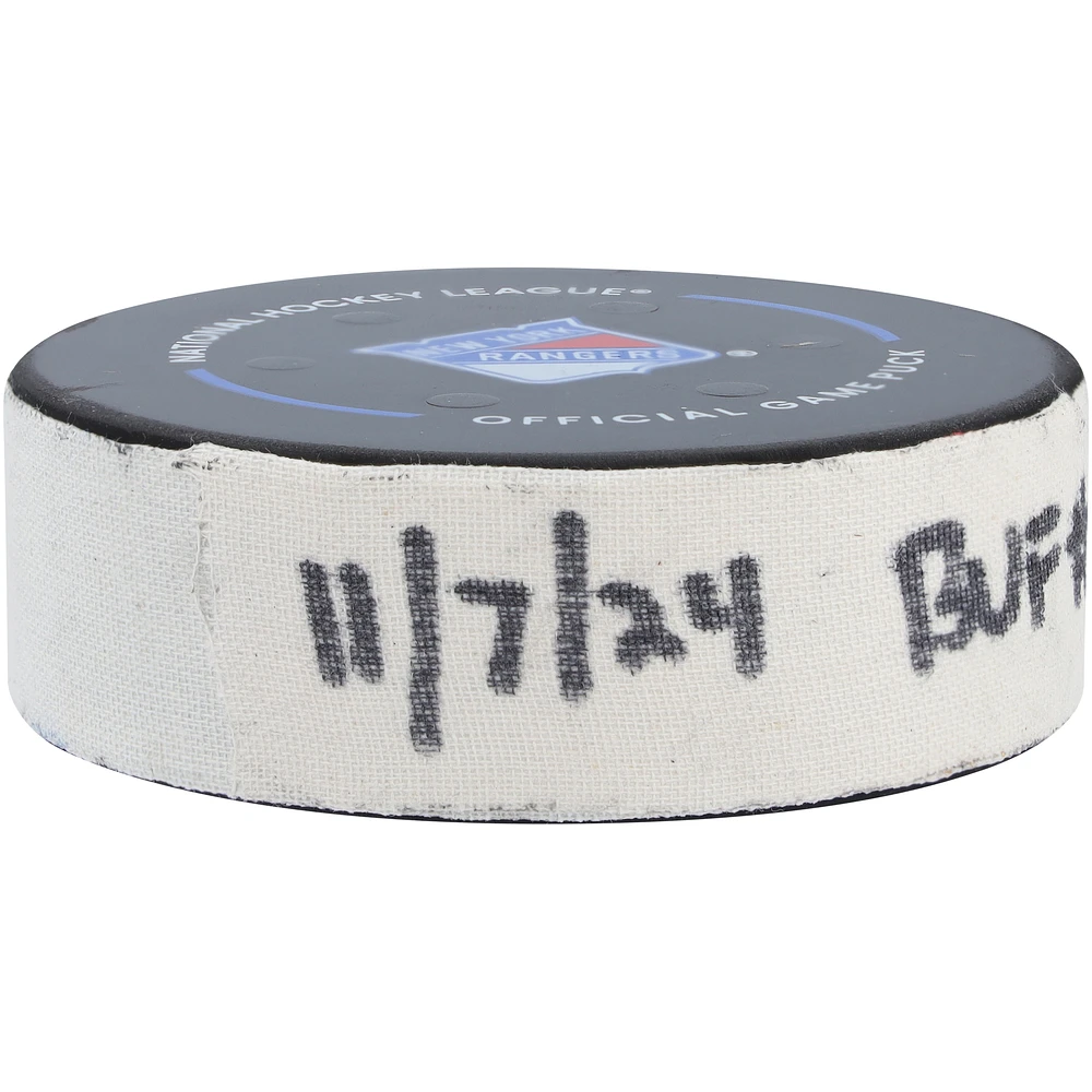 Jordan Greenway Buffalo Sabres Game-Used Goal Puck from November 7, 2024 vs. New York Rangers