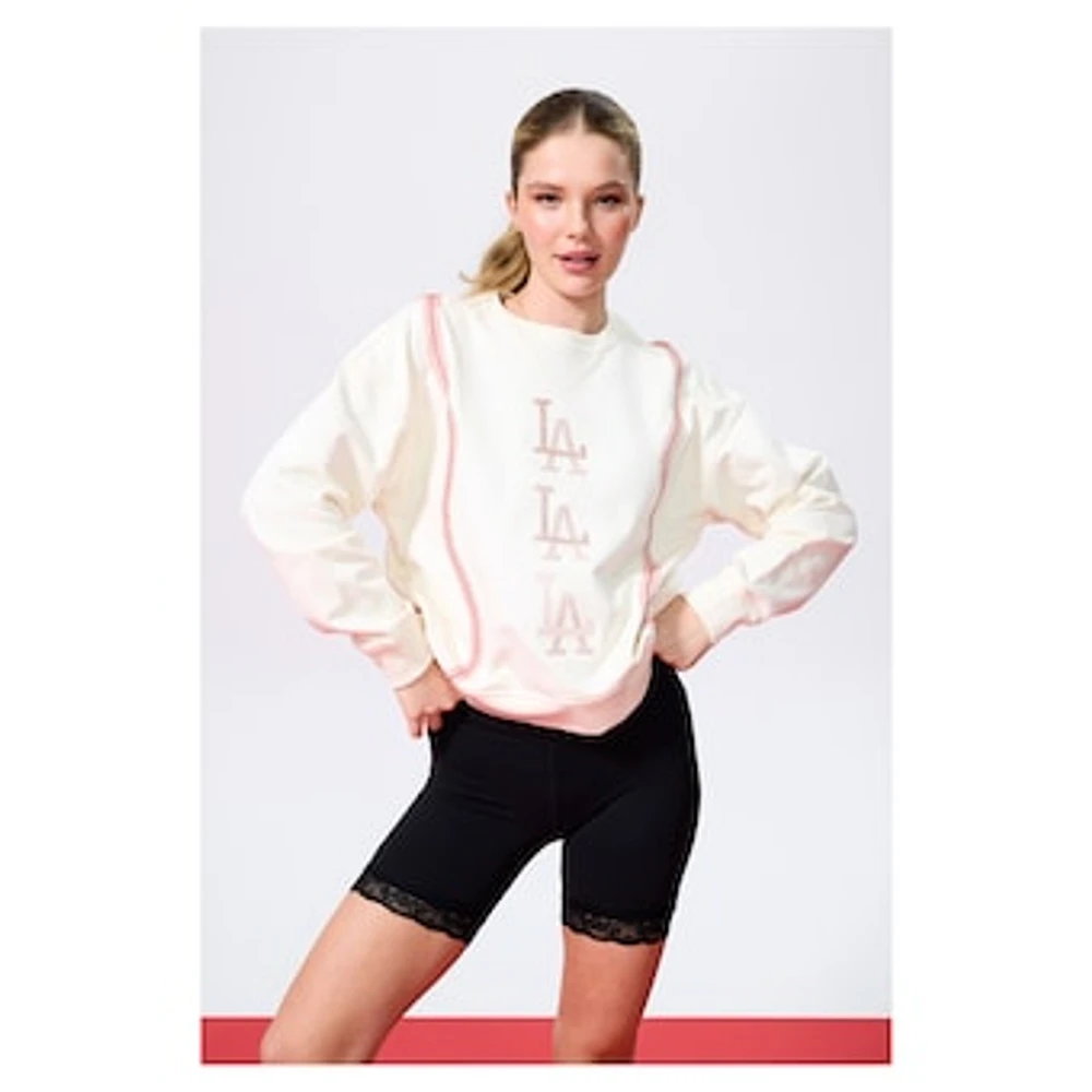 Women's Terez Cream Los Angeles Dodgers Baseball Stitch Pullover Sweatshirt